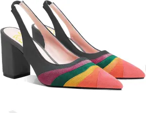 LEHOOR Women Rainbow Slingback Pumps Suede Chunky Block High Heel Dress Shoes Closed Pointed Toe Sandals Elastic Ankle Strap Office Work Shoe Multicolored Patchwork Wedding Party Prom Spring 4-13 M US