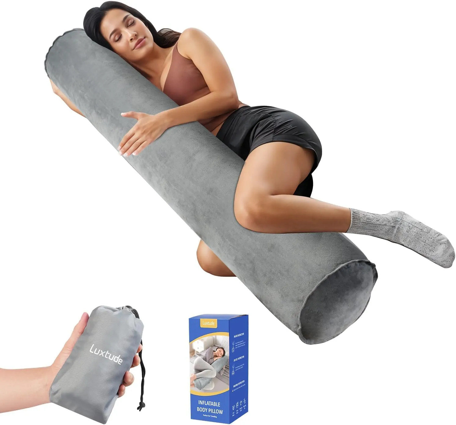 Luxtude Inflatable Body Pillow for Adults Kids, Travel Body Pillows for Side Sleeper, 47Inch Long Hug Pillow Bolster Pillow for Bed, Round Cervical Cylinder Pillow for Hugging Sleeping, Back etc.