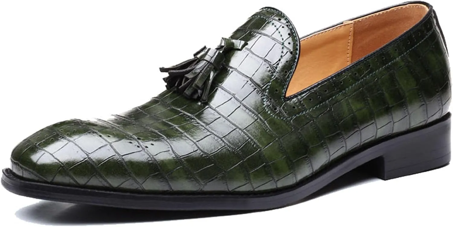 Mens Casual Classic Crocodile Texture Loafer with Tassel Penny Slip-On Wedding Party Prom Shoes