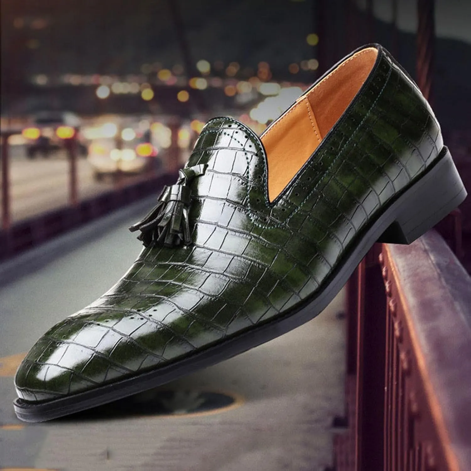 Mens Casual Classic Crocodile Texture Loafer with Tassel Penny Slip-On Wedding Party Prom Shoes