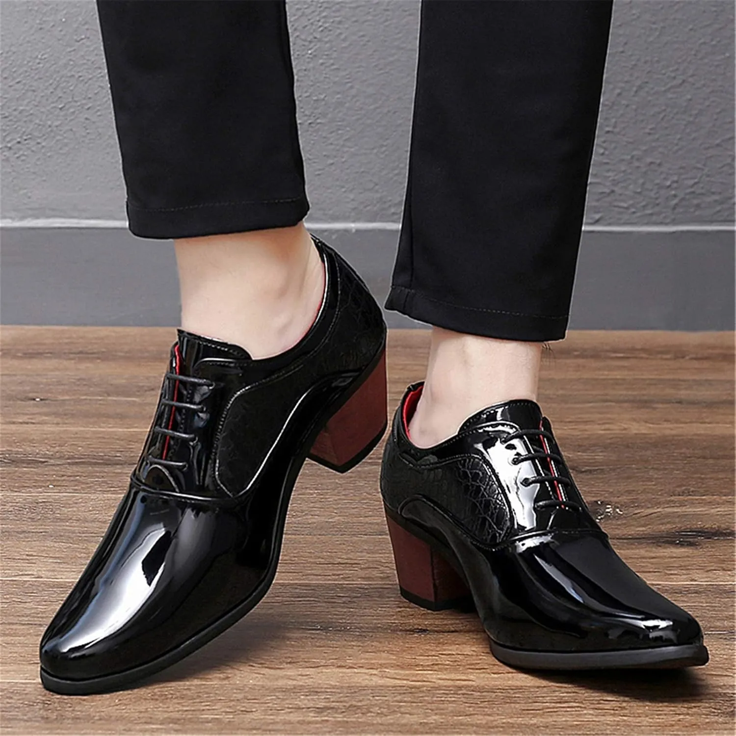 Men's Derby Oxfords Elevator Shoes Plain Smooth Block Heeled High Heels Patent Lace-up Anti Slip Crocodile Embossed Synthetic Leather Rubber Sole