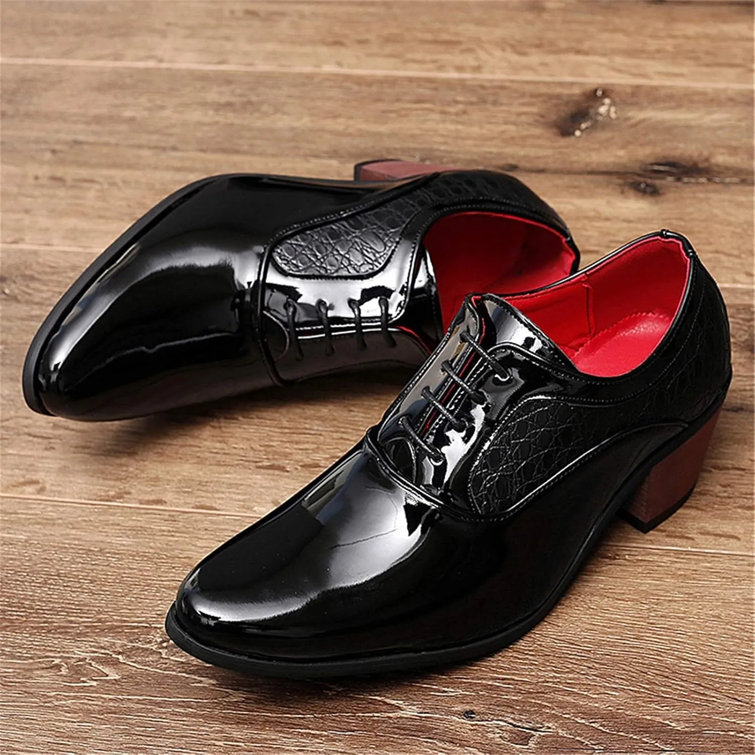 Men's Derby Oxfords Elevator Shoes Plain Smooth Block Heeled High Heels Patent Lace-up Anti Slip Crocodile Embossed Synthetic Leather Rubber Sole