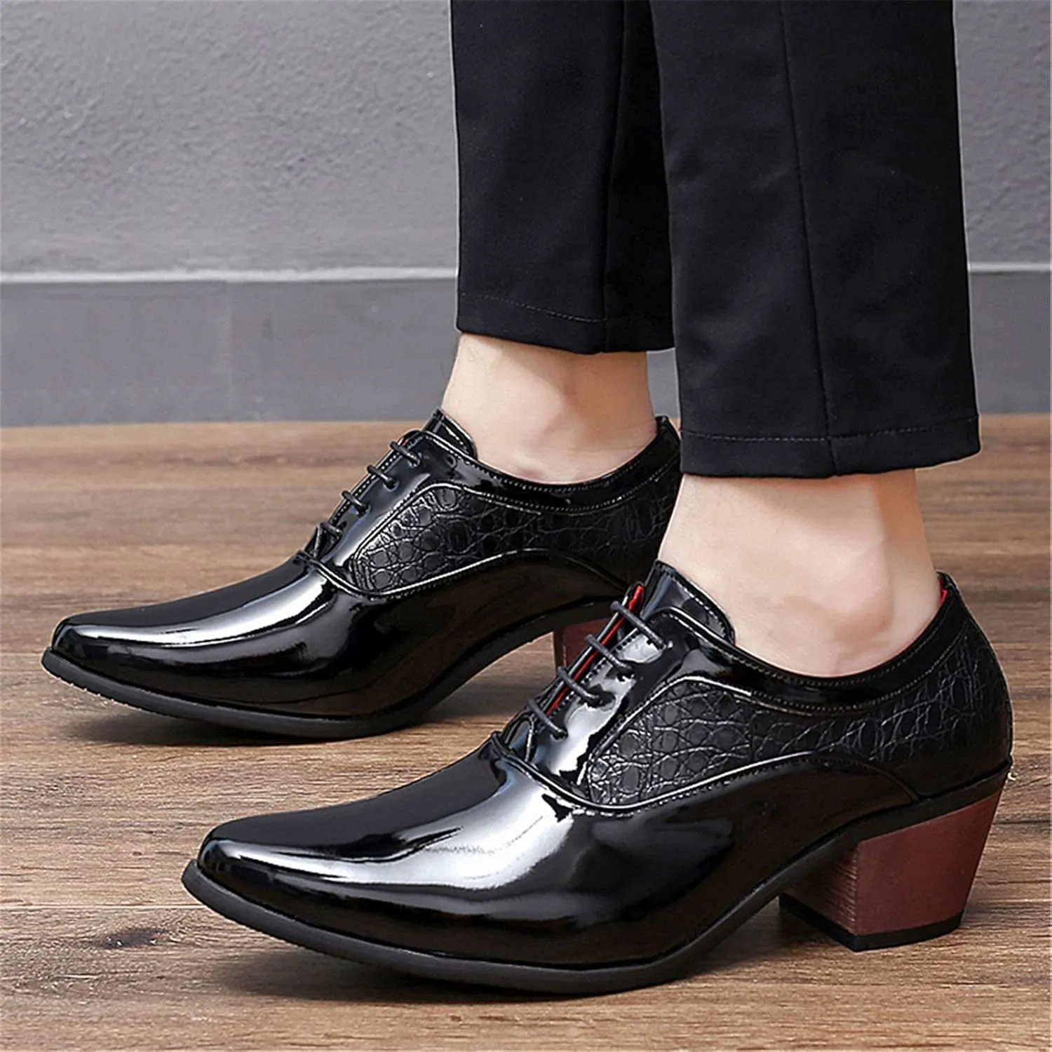 Men's Derby Oxfords Elevator Shoes Plain Smooth Block Heeled High Heels Patent Lace-up Anti Slip Crocodile Embossed Synthetic Leather Rubber Sole