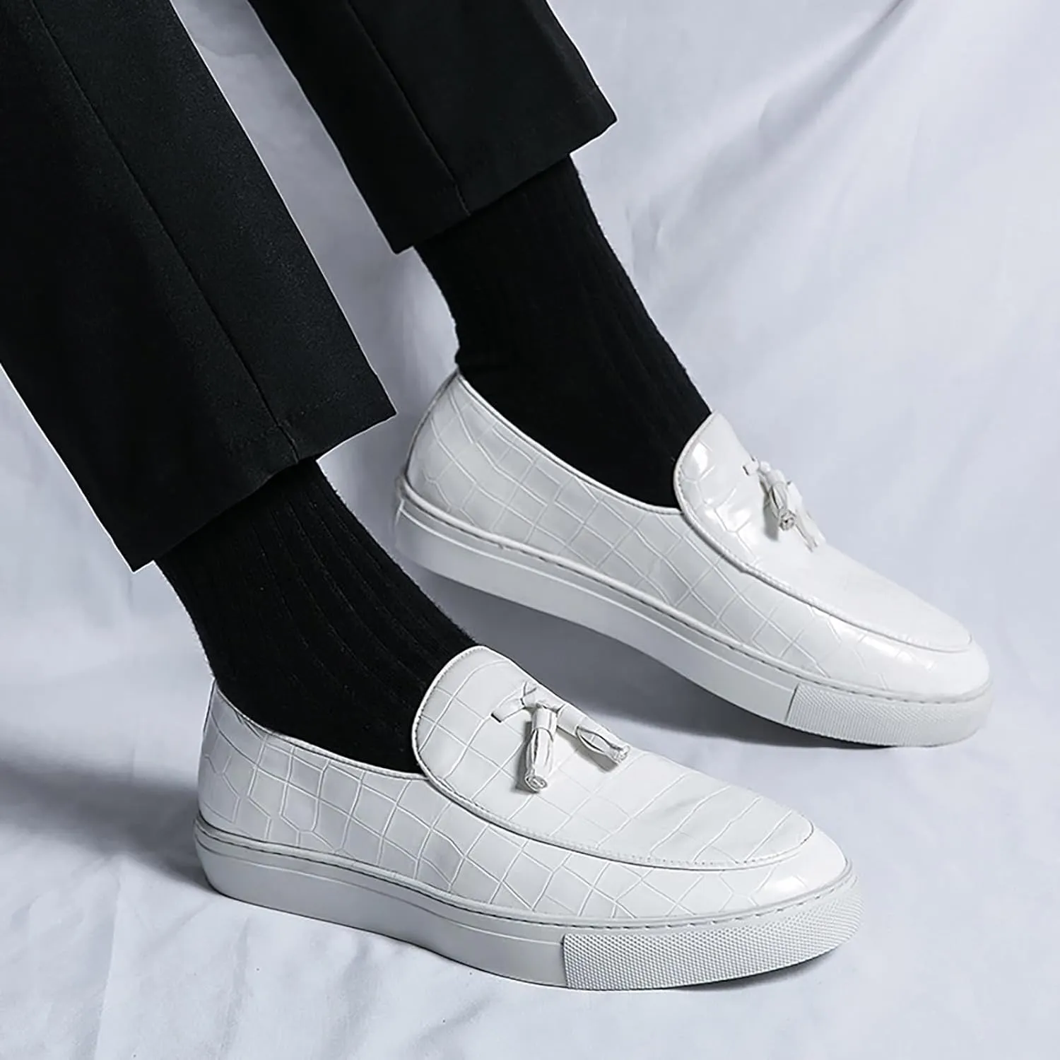 Men's Leather Slip-On Sneakers with Tassel Design | Casual Loafers | Lightweight & Non-Slip | Comfortable Shoes for Business, Office, Dress