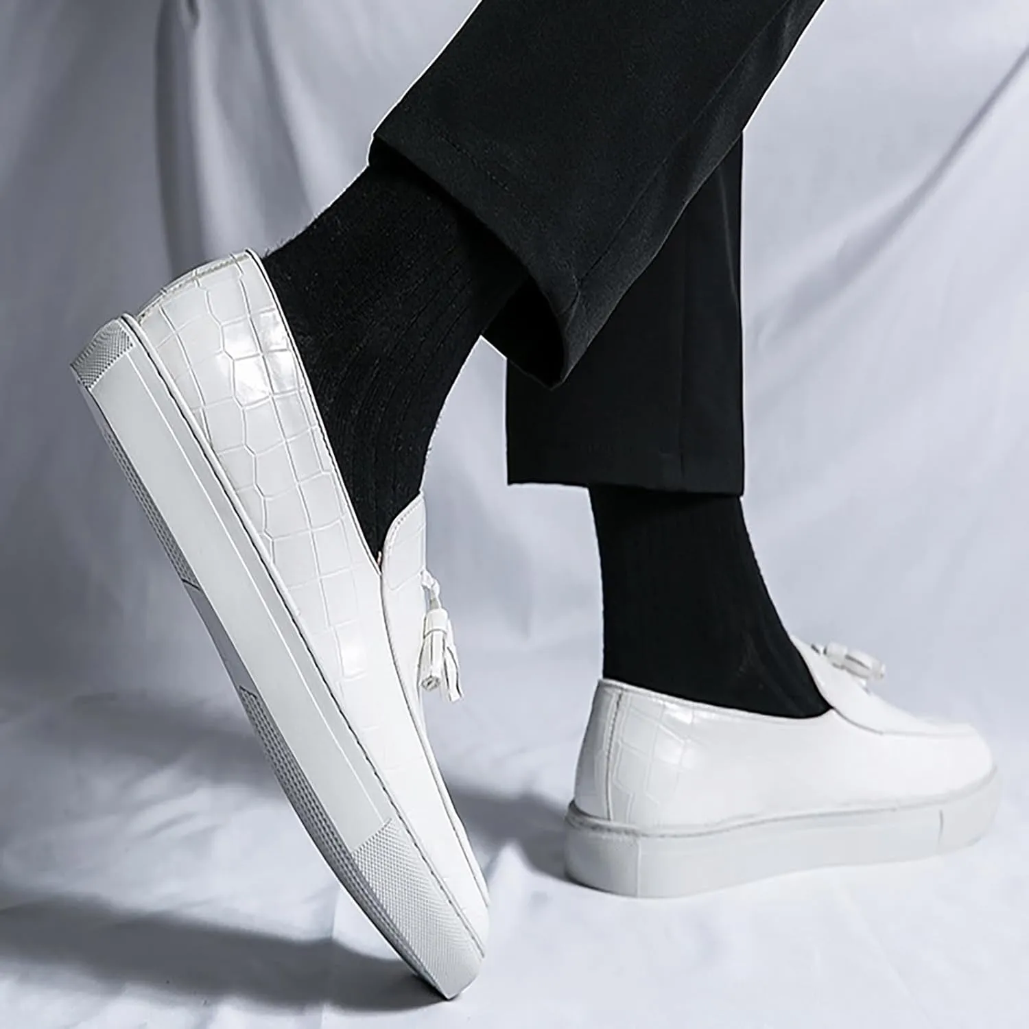 Men's Leather Slip-On Sneakers with Tassel Design | Casual Loafers | Lightweight & Non-Slip | Comfortable Shoes for Business, Office, Dress