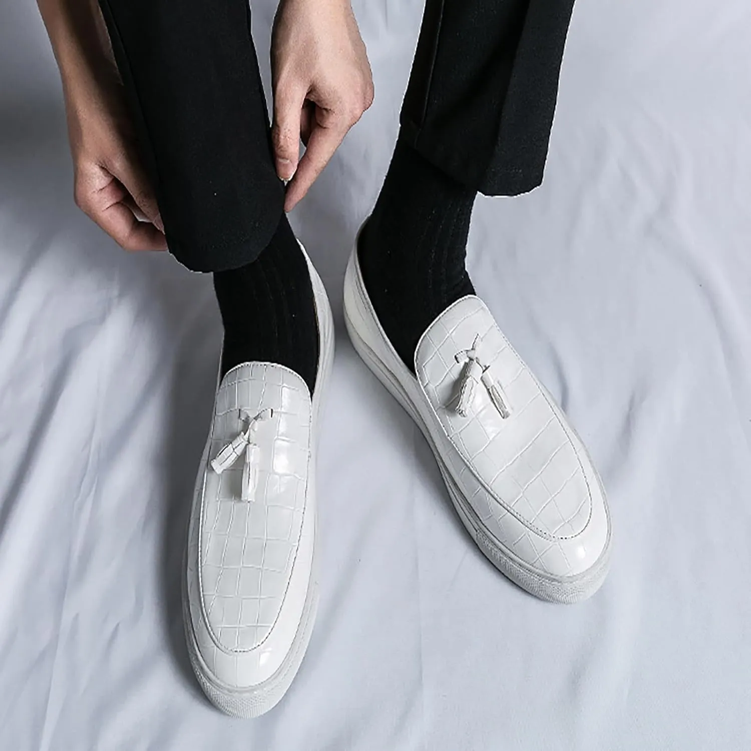 Men's Leather Slip-On Sneakers with Tassel Design | Casual Loafers | Lightweight & Non-Slip | Comfortable Shoes for Business, Office, Dress