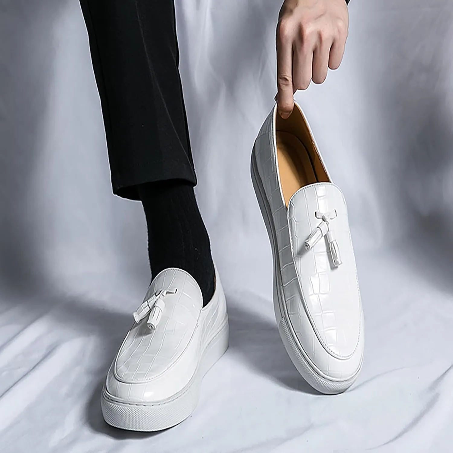 Men's Leather Slip-On Sneakers with Tassel Design | Casual Loafers | Lightweight & Non-Slip | Comfortable Shoes for Business, Office, Dress