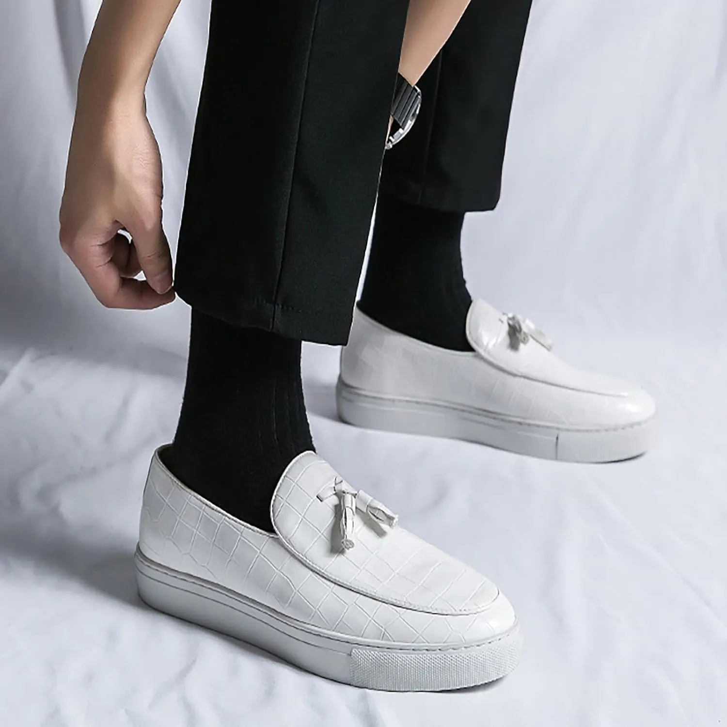Men's Leather Slip-On Sneakers with Tassel Design | Casual Loafers | Lightweight & Non-Slip | Comfortable Shoes for Business, Office, Dress
