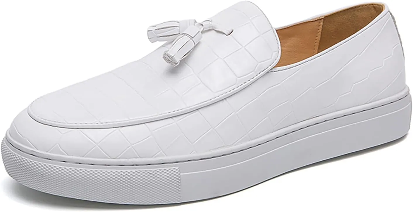 Men's Leather Slip-On Sneakers with Tassel Design | Casual Loafers | Lightweight & Non-Slip | Comfortable Shoes for Business, Office, Dress