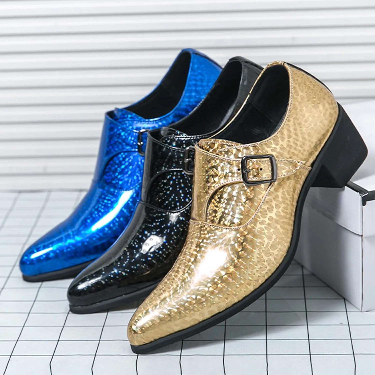 Men's Pointed Toe Chunky Heels Monk Strap Oxford Shoes,Fashion Shiny Business Formal Slip On Loafers Low Top Chelsea Wedding Derby Shoes