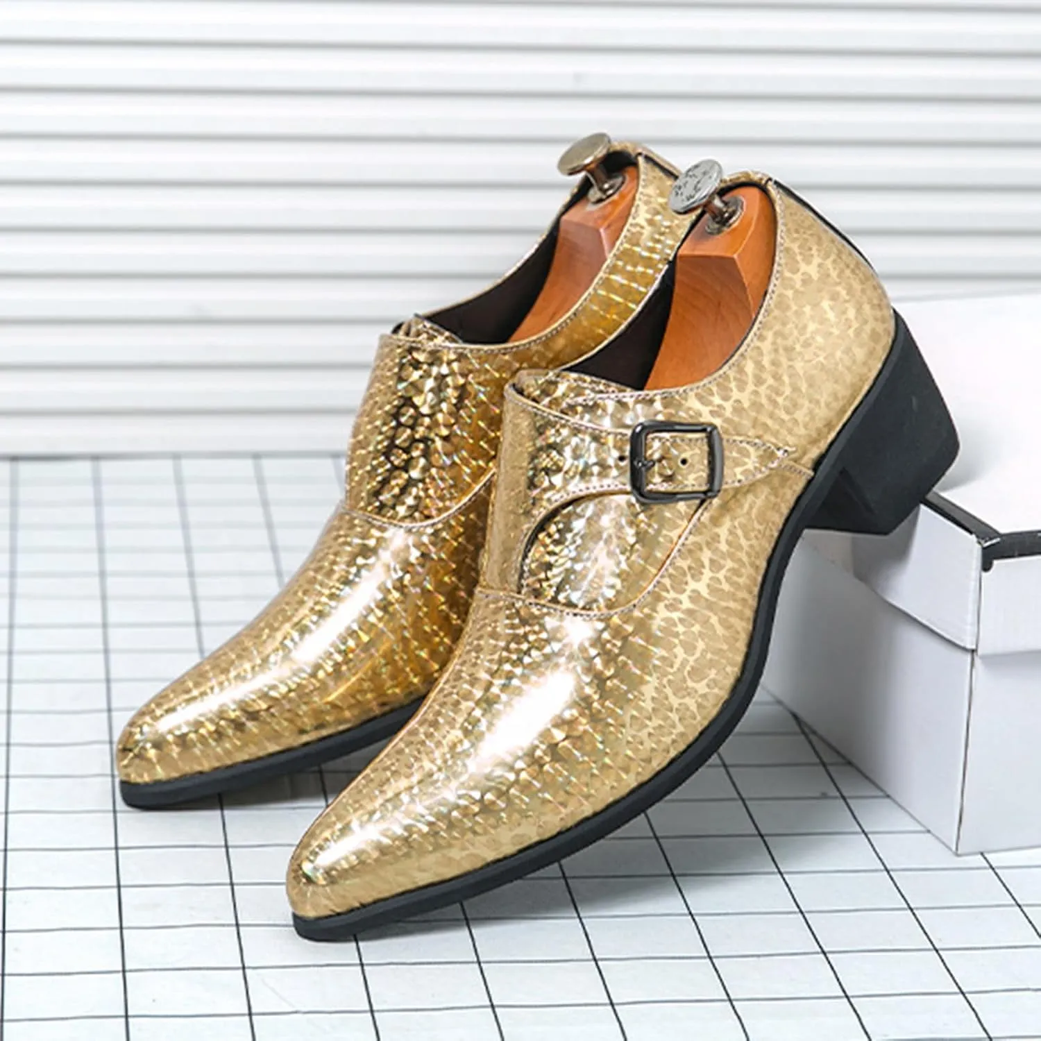 Men's Pointed Toe Chunky Heels Monk Strap Oxford Shoes,Fashion Shiny Business Formal Slip On Loafers Low Top Chelsea Wedding Derby Shoes