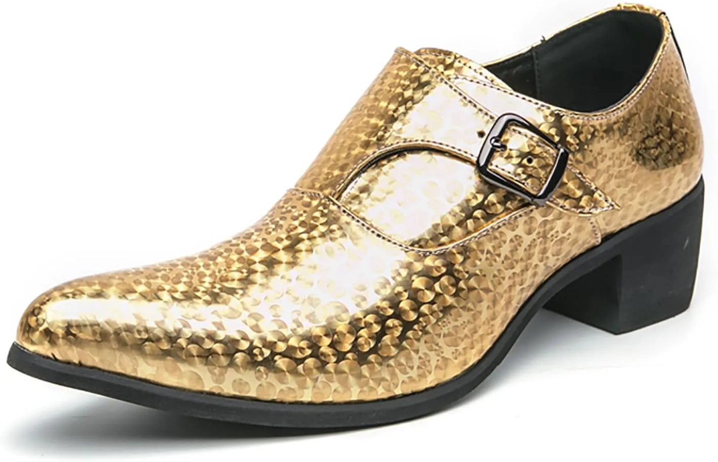 Men's Pointed Toe Chunky Heels Monk Strap Oxford Shoes,Fashion Shiny Business Formal Slip On Loafers Low Top Chelsea Wedding Derby Shoes