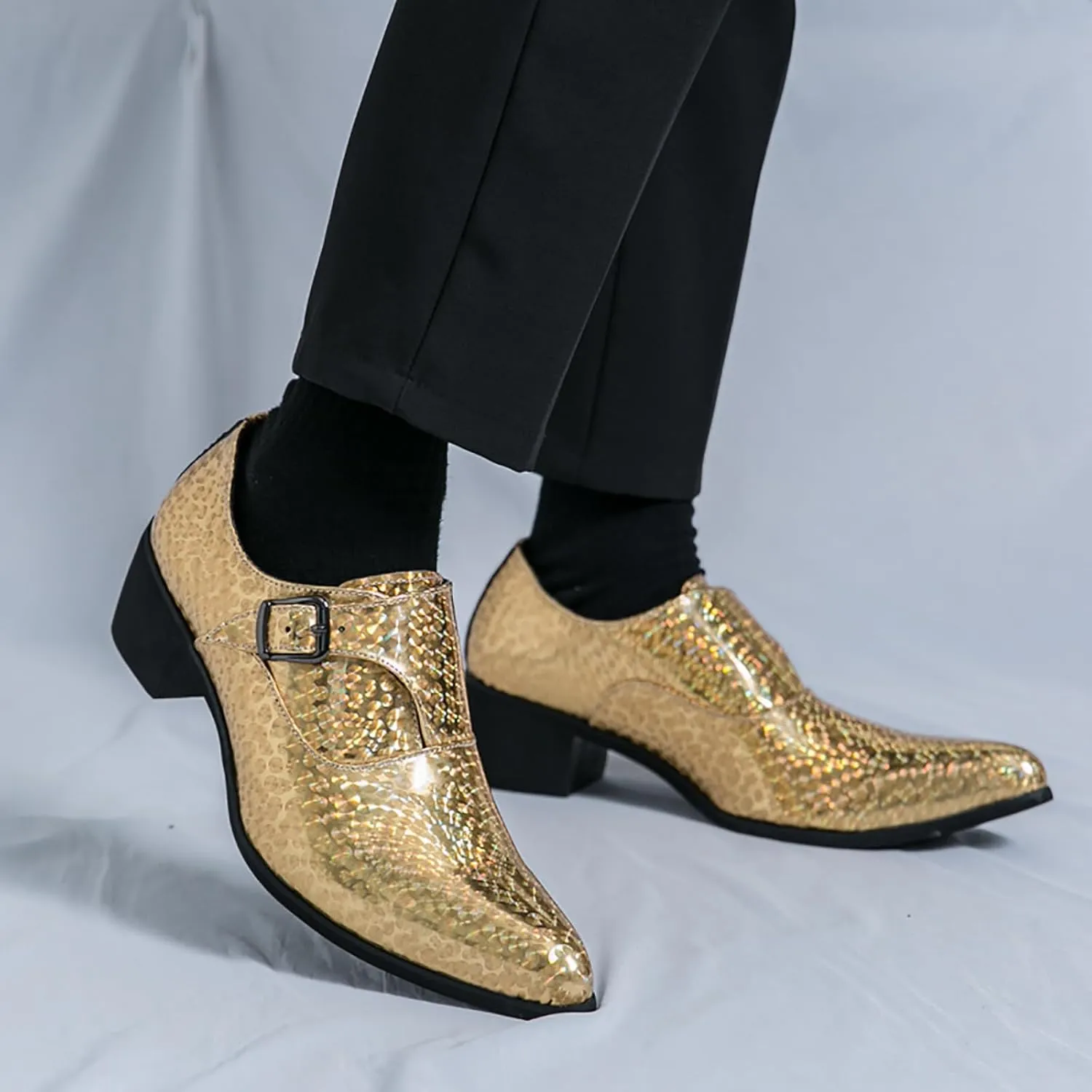 Men's Pointed Toe Chunky Heels Monk Strap Oxford Shoes,Fashion Shiny Business Formal Slip On Loafers Low Top Chelsea Wedding Derby Shoes