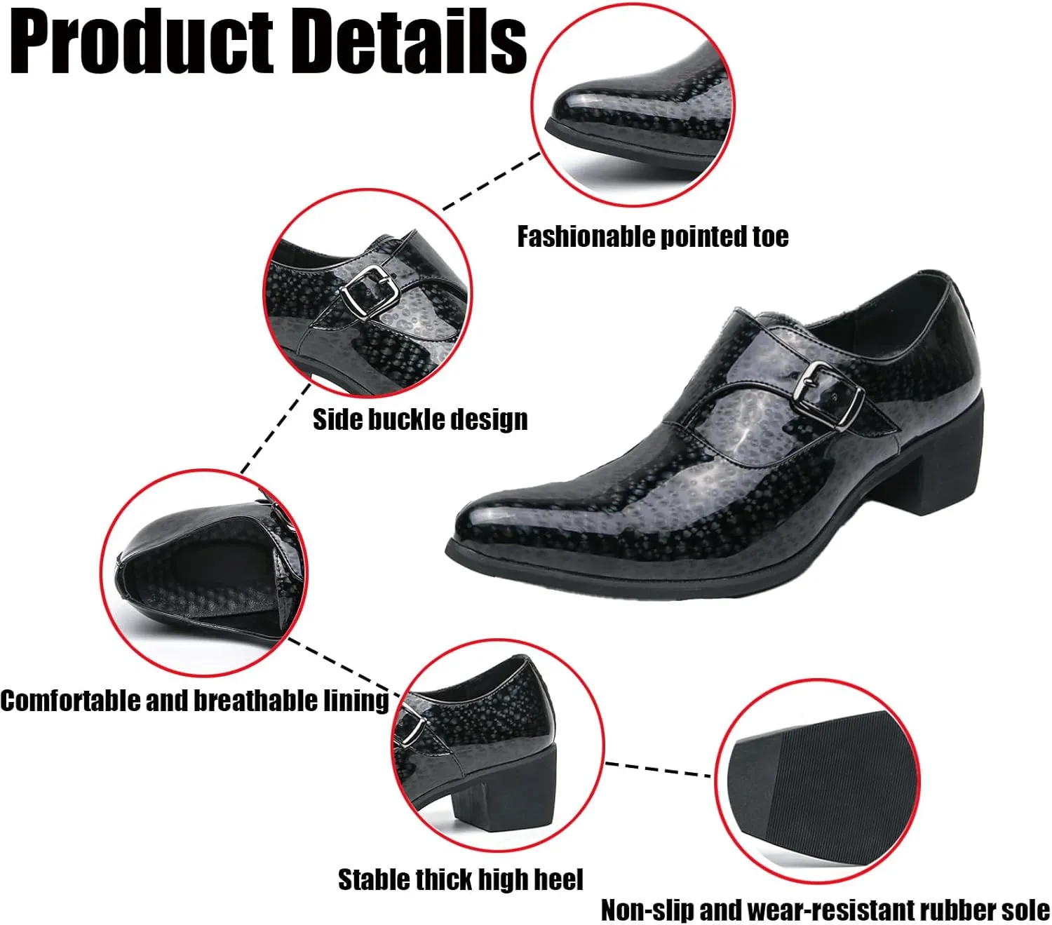 Men's Pointed Toe Chunky Heels Monk Strap Oxford Shoes,Fashion Shiny Business Formal Slip On Loafers Low Top Chelsea Wedding Derby Shoes