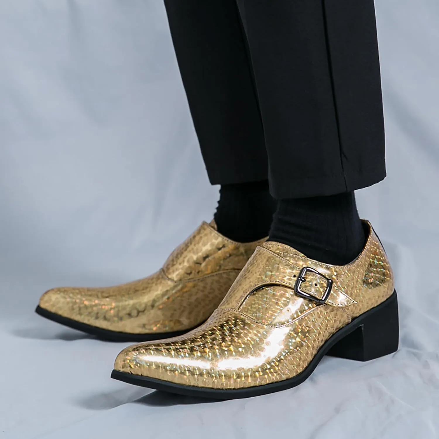 Men's Pointed Toe Chunky Heels Monk Strap Oxford Shoes,Fashion Shiny Business Formal Slip On Loafers Low Top Chelsea Wedding Derby Shoes