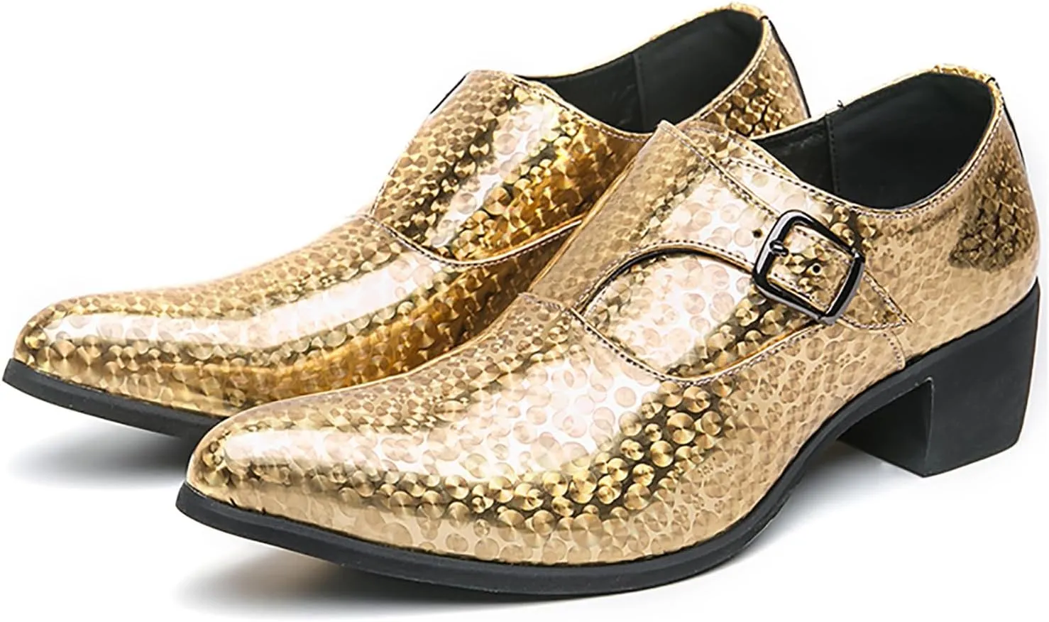 Men's Pointed Toe Chunky Heels Monk Strap Oxford Shoes,Fashion Shiny Business Formal Slip On Loafers Low Top Chelsea Wedding Derby Shoes