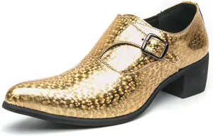 Men's Pointed Toe Chunky Heels Monk Strap Oxford Shoes,Fashion Shiny Business Formal Slip On Loafers Low Top Chelsea Wedding Derby Shoes