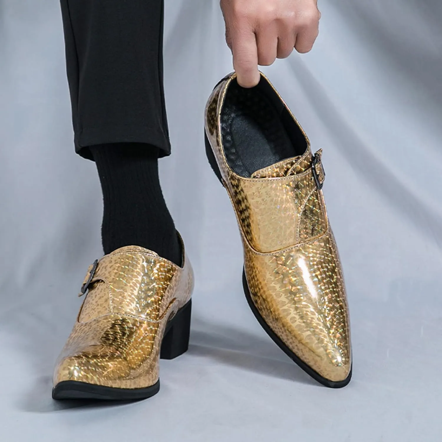 Men's Pointed Toe Chunky Heels Monk Strap Oxford Shoes,Fashion Shiny Business Formal Slip On Loafers Low Top Chelsea Wedding Derby Shoes
