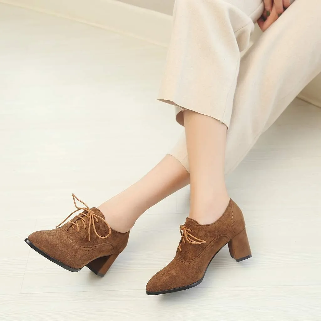 MIOKE Women's Pointed Toe Lace Up Pump Oxfords Suede Vintage Chunky Block Mid Heel Brogue Office Dress Shoes
