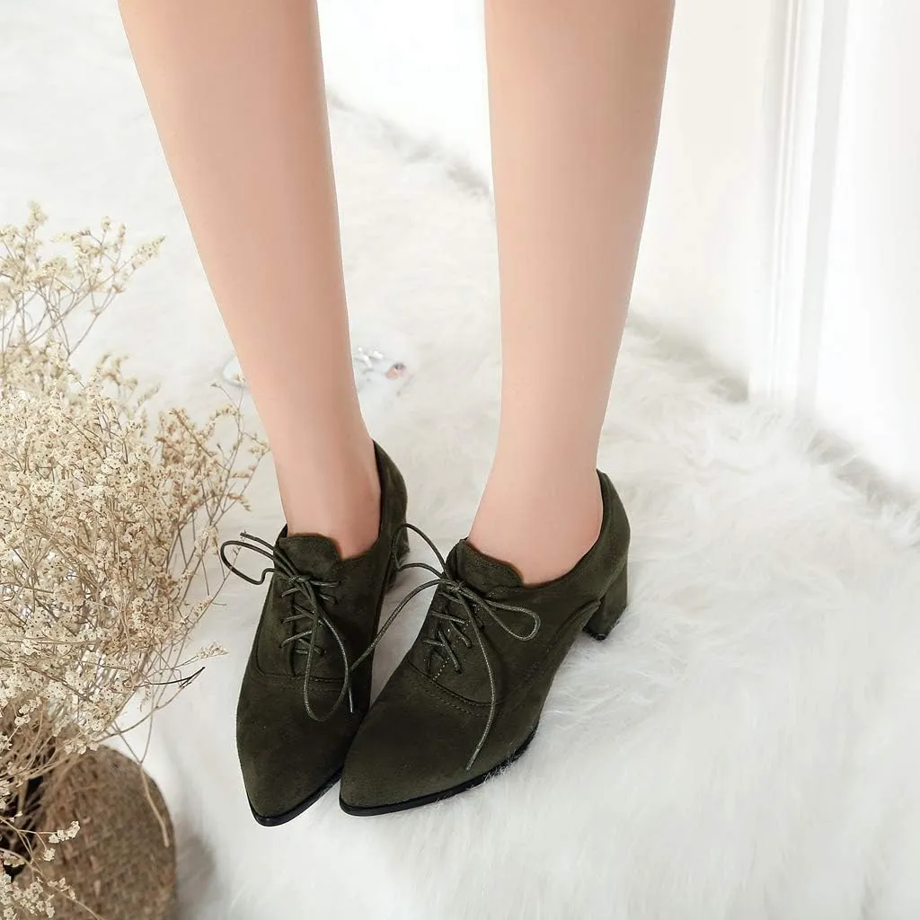 MIOKE Women's Pointed Toe Lace Up Pump Oxfords Suede Vintage Chunky Block Mid Heel Brogue Office Dress Shoes