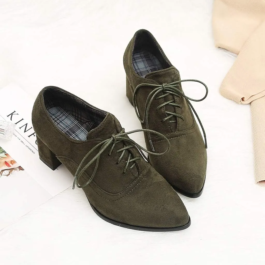 MIOKE Women's Pointed Toe Lace Up Pump Oxfords Suede Vintage Chunky Block Mid Heel Brogue Office Dress Shoes