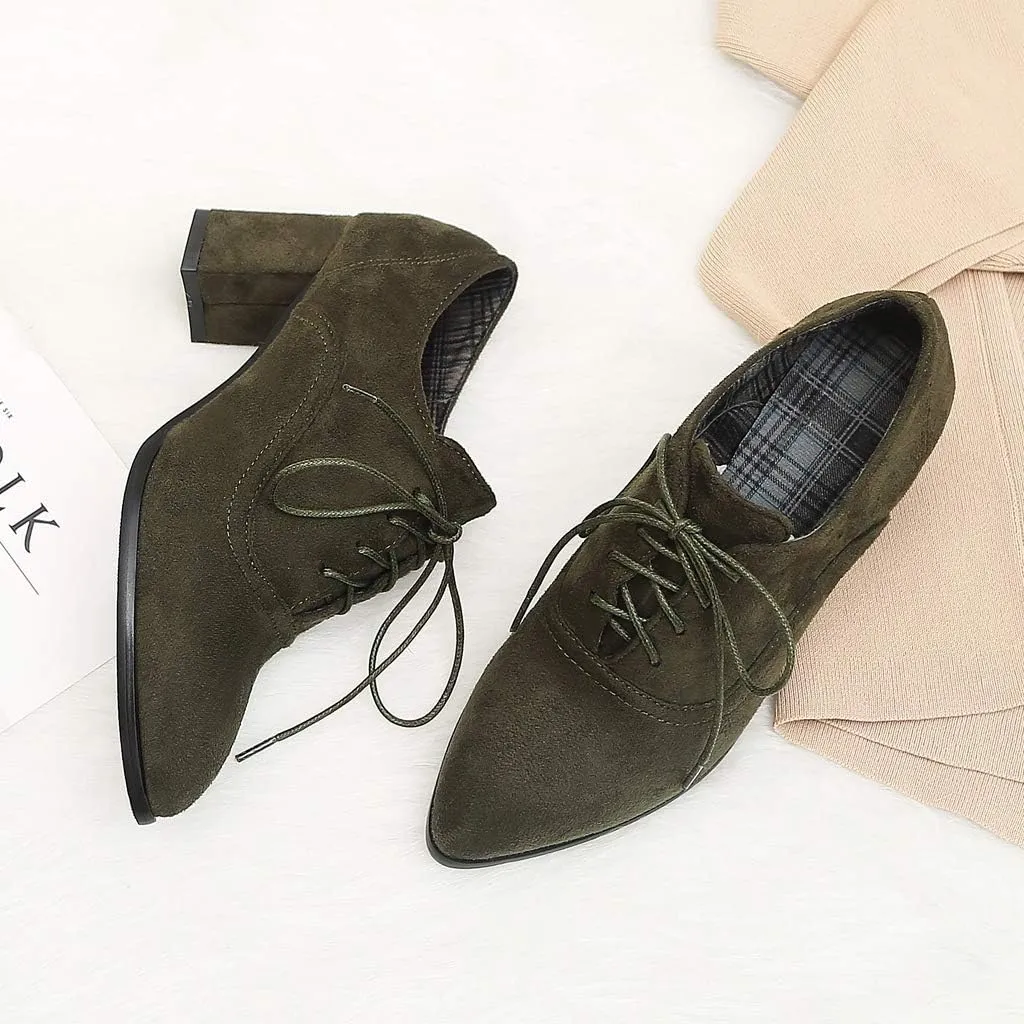 MIOKE Women's Pointed Toe Lace Up Pump Oxfords Suede Vintage Chunky Block Mid Heel Brogue Office Dress Shoes