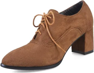 MIOKE Women's Pointed Toe Lace Up Pump Oxfords Suede Vintage Chunky Block Mid Heel Brogue Office Dress Shoes