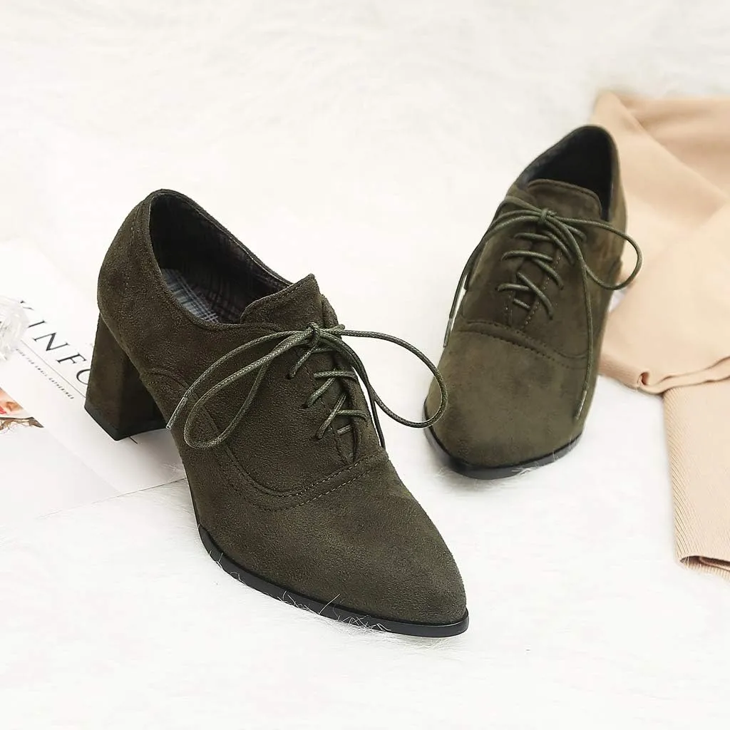 MIOKE Women's Pointed Toe Lace Up Pump Oxfords Suede Vintage Chunky Block Mid Heel Brogue Office Dress Shoes