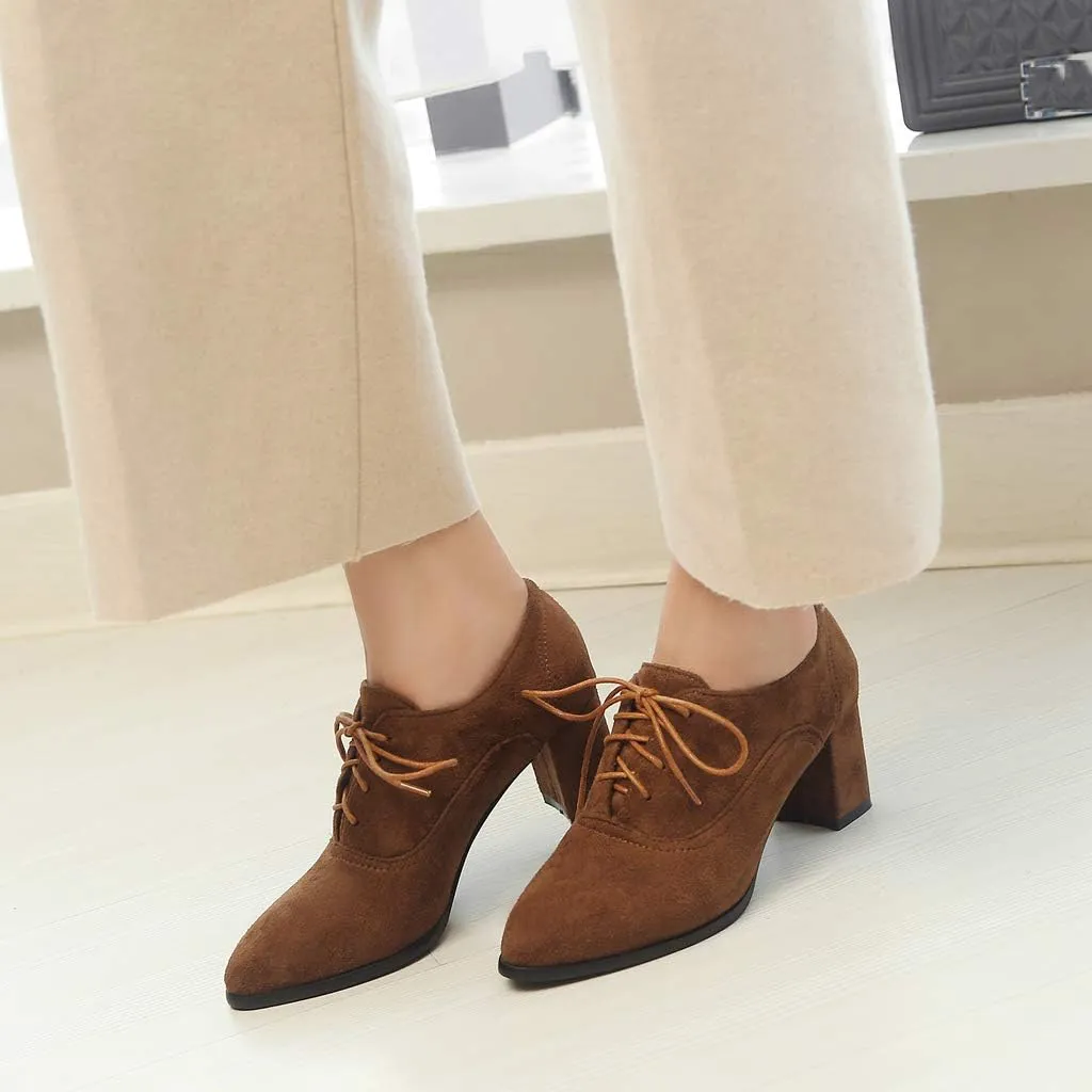 MIOKE Women's Pointed Toe Lace Up Pump Oxfords Suede Vintage Chunky Block Mid Heel Brogue Office Dress Shoes
