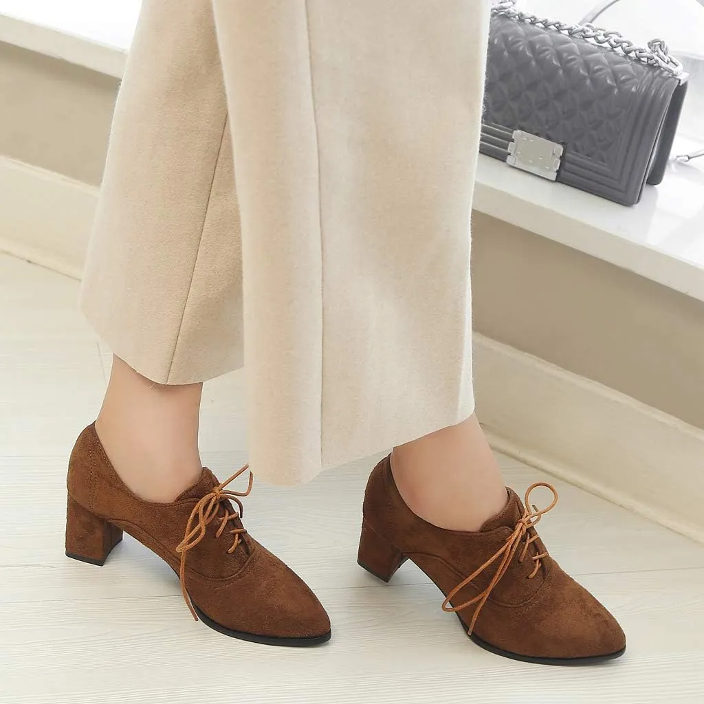 MIOKE Women's Pointed Toe Lace Up Pump Oxfords Suede Vintage Chunky Block Mid Heel Brogue Office Dress Shoes