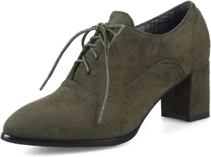 MIOKE Women's Pointed Toe Lace Up Pump Oxfords Suede Vintage Chunky Block Mid Heel Brogue Office Dress Shoes