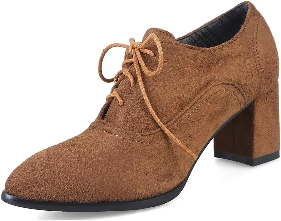 MIOKE Women's Pointed Toe Lace Up Pump Oxfords Suede Vintage Chunky Block Mid Heel Brogue Office Dress Shoes