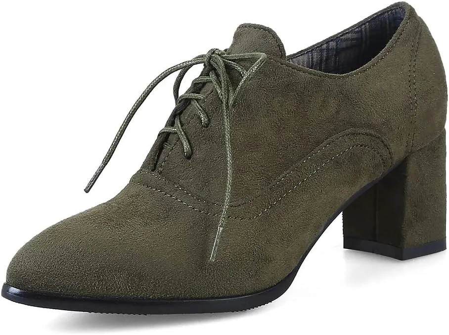 MIOKE Women's Pointed Toe Lace Up Pump Oxfords Suede Vintage Chunky Block Mid Heel Brogue Office Dress Shoes