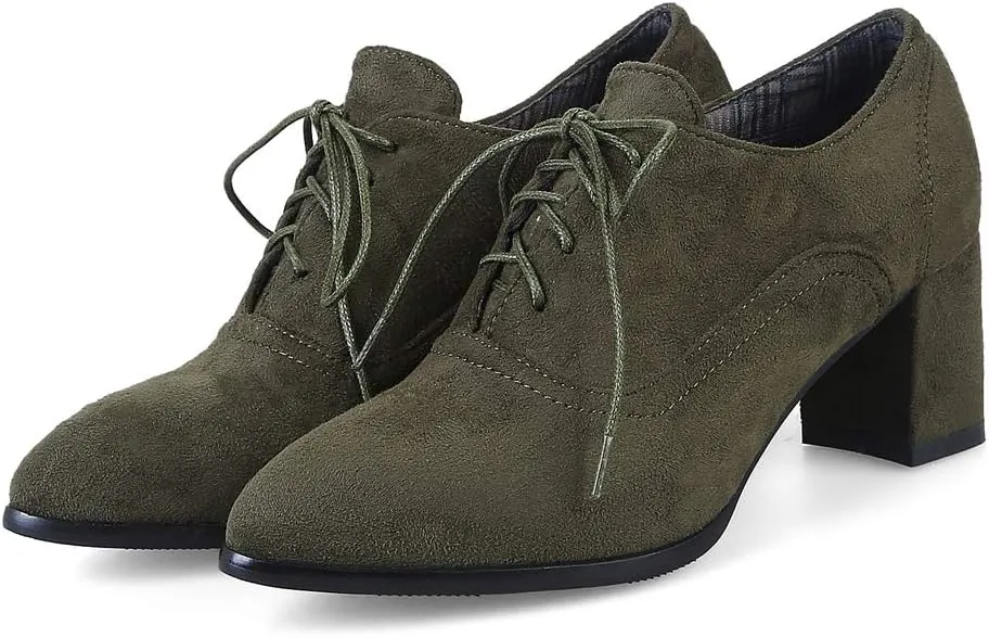 MIOKE Women's Pointed Toe Lace Up Pump Oxfords Suede Vintage Chunky Block Mid Heel Brogue Office Dress Shoes