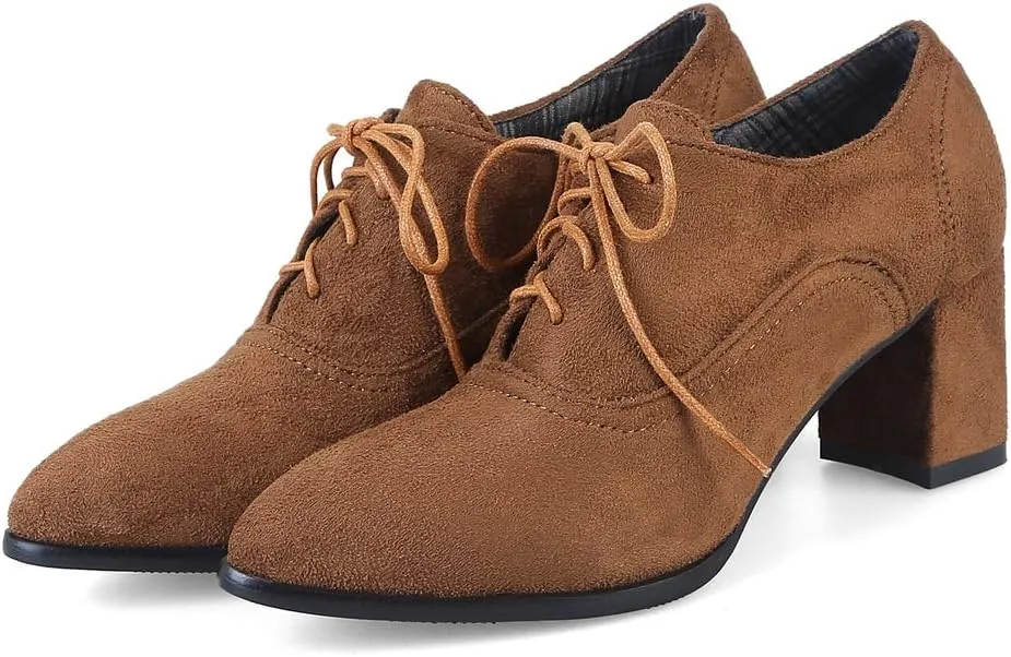 MIOKE Women's Pointed Toe Lace Up Pump Oxfords Suede Vintage Chunky Block Mid Heel Brogue Office Dress Shoes
