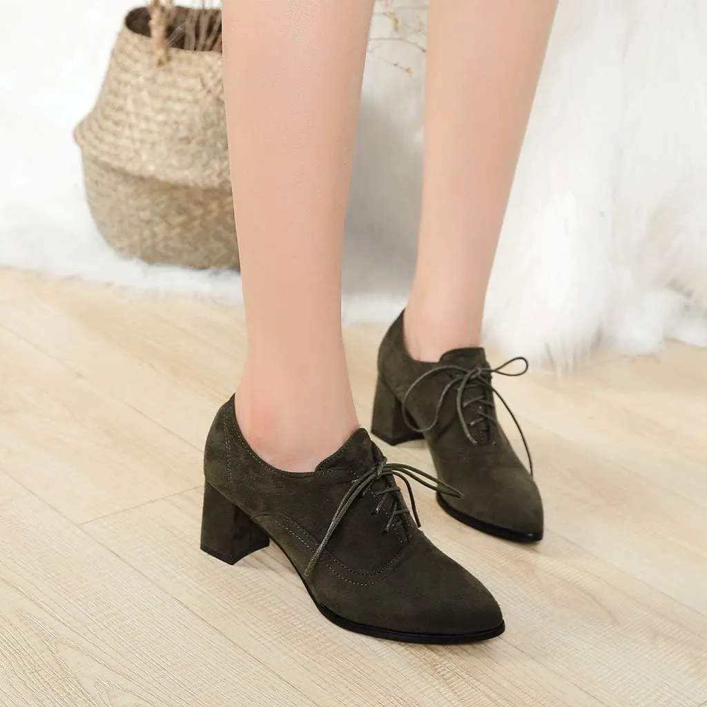MIOKE Women's Pointed Toe Lace Up Pump Oxfords Suede Vintage Chunky Block Mid Heel Brogue Office Dress Shoes