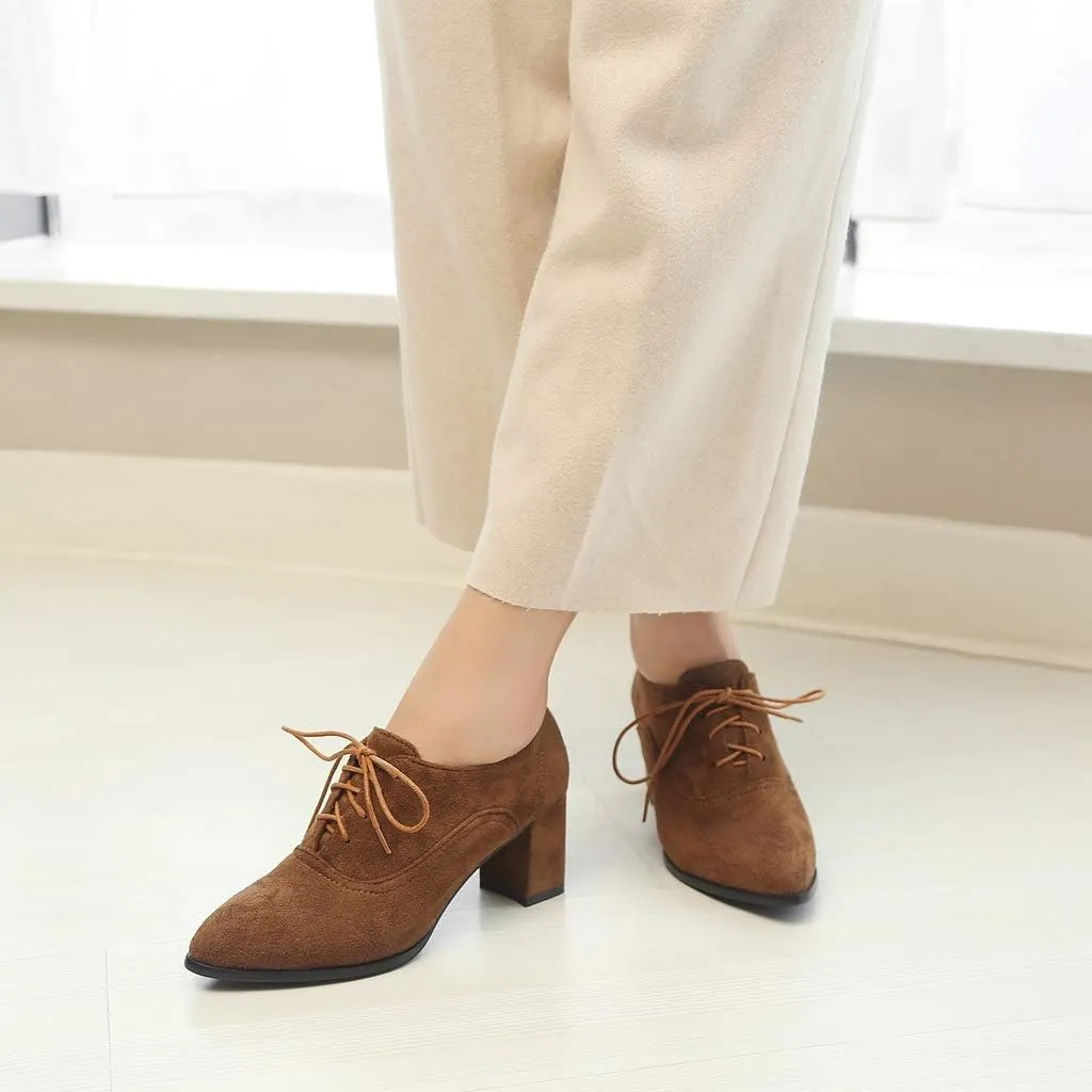 MIOKE Women's Pointed Toe Lace Up Pump Oxfords Suede Vintage Chunky Block Mid Heel Brogue Office Dress Shoes