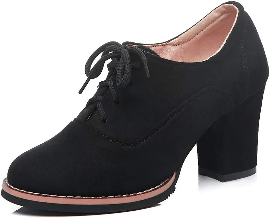 MIOKE Women's Suede Lace Up Half Ankle Bootie Round Toe Chunky Block Heel Oxford Shoes Dress Short Boots