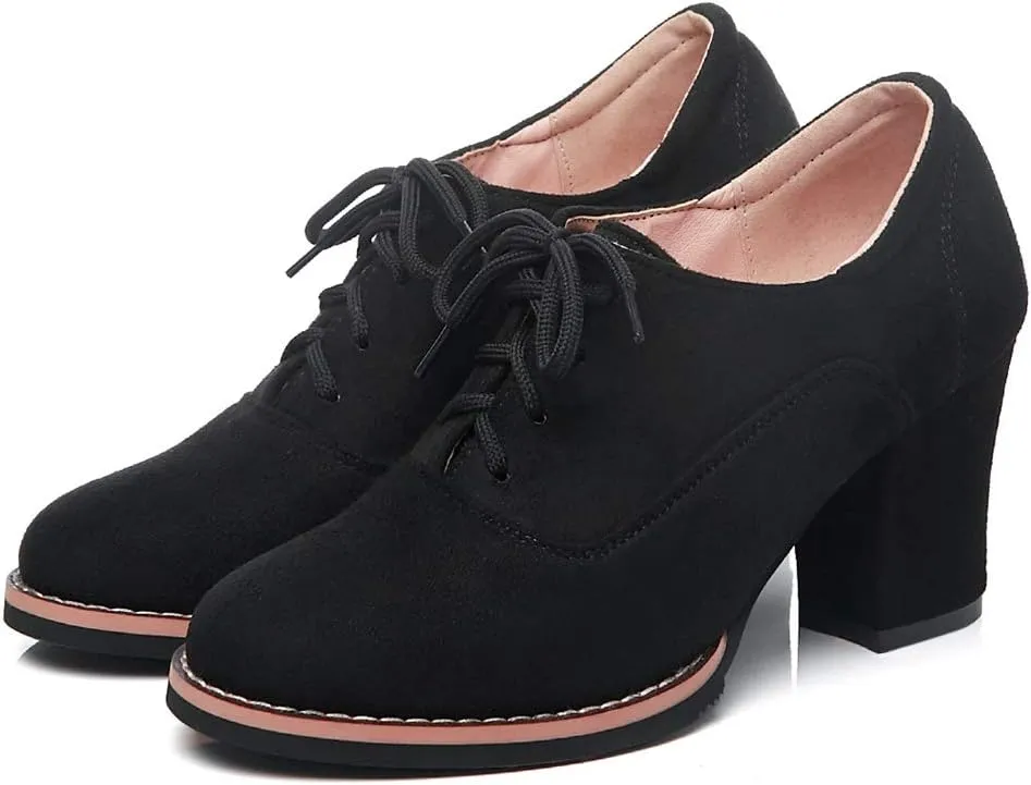 MIOKE Women's Suede Lace Up Half Ankle Bootie Round Toe Chunky Block Heel Oxford Shoes Dress Short Boots