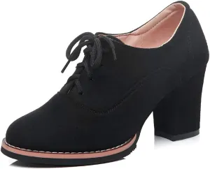 MIOKE Women's Suede Lace Up Half Ankle Bootie Round Toe Chunky Block Heel Oxford Shoes Dress Short Boots