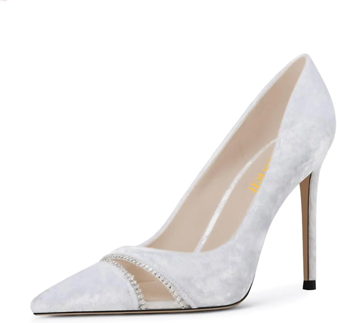 miss left Women Chic Rhinestone Pointed Cap Toe Velvet Pumps Slip on Stiletto High Heel Graceful Wedding Prom Dressy Shoes Size 4-16 US