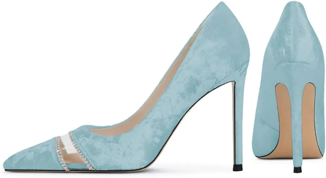 miss left Women Chic Rhinestone Pointed Cap Toe Velvet Pumps Slip on Stiletto High Heel Graceful Wedding Prom Dressy Shoes Size 4-16 US