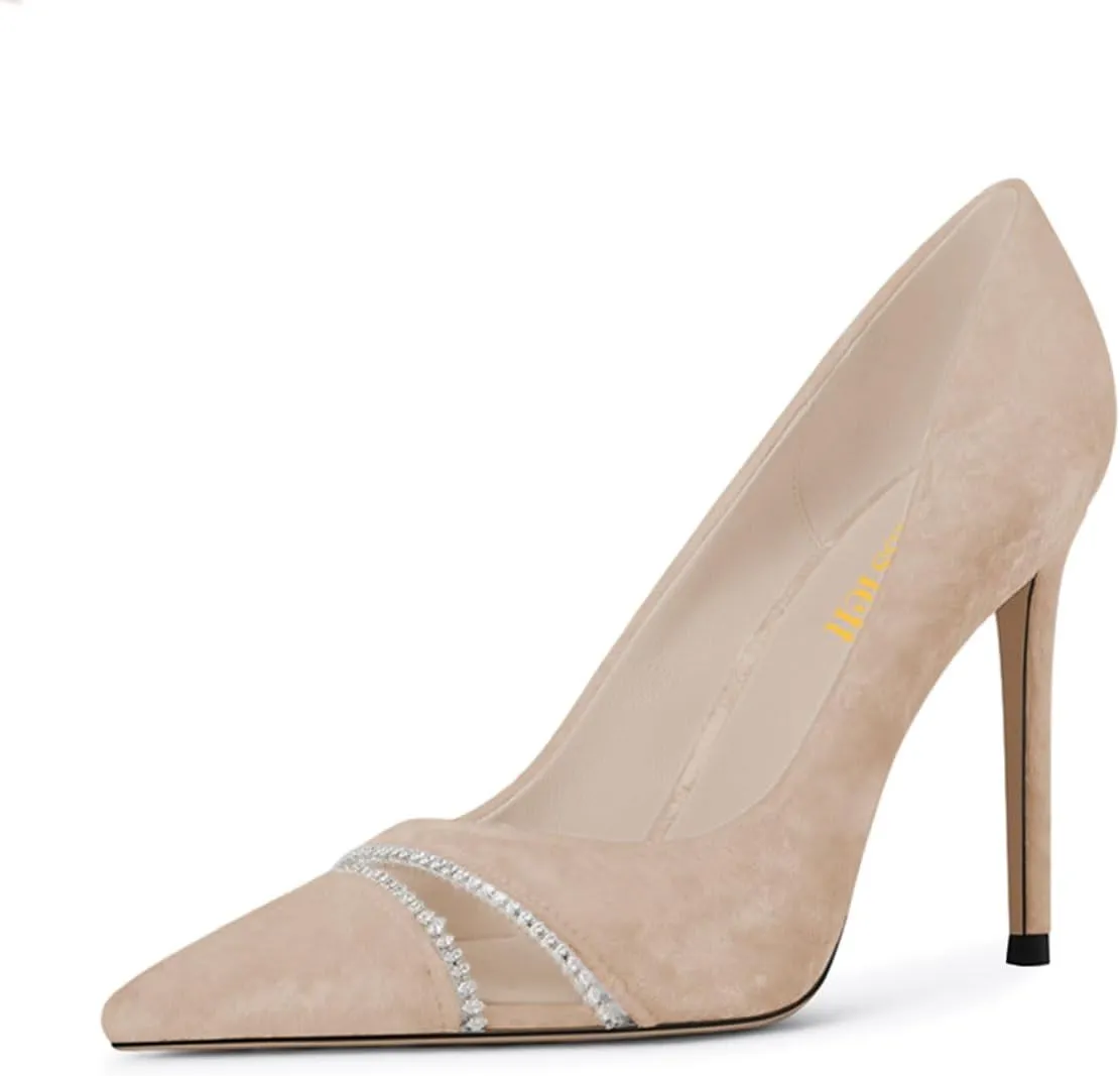 miss left Women Chic Rhinestone Pointed Cap Toe Velvet Pumps Slip on Stiletto High Heel Graceful Wedding Prom Dressy Shoes Size 4-16 US