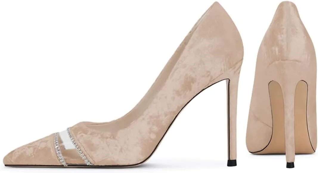 miss left Women Chic Rhinestone Pointed Cap Toe Velvet Pumps Slip on Stiletto High Heel Graceful Wedding Prom Dressy Shoes Size 4-16 US
