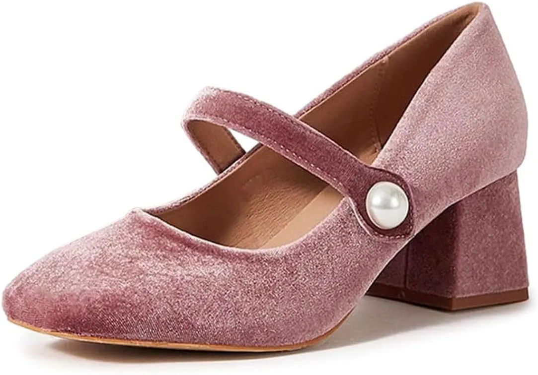 miss left Women Pearl Closed Round Toe Mary Jane Pumps Ankle Strap Velvet Chunky Block Heels Chic Church Prom Wedding Shoes Size 4-16 US