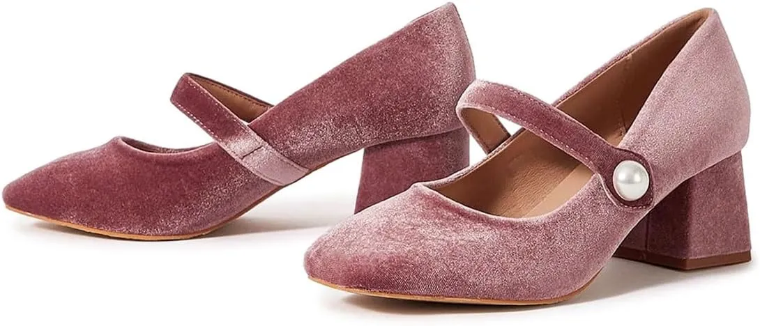 miss left Women Pearl Closed Round Toe Mary Jane Pumps Ankle Strap Velvet Chunky Block Heels Chic Church Prom Wedding Shoes Size 4-16 US