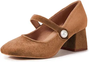 miss left Women Pearl Closed Round Toe Mary Jane Pumps Ankle Strap Velvet Chunky Block Heels Chic Church Prom Wedding Shoes Size 4-16 US