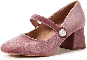 miss left Women Pearl Closed Round Toe Mary Jane Pumps Ankle Strap Velvet Chunky Block Heels Chic Church Prom Wedding Shoes Size 4-16 US