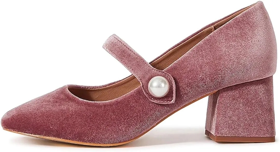 miss left Women Pearl Closed Round Toe Mary Jane Pumps Ankle Strap Velvet Chunky Block Heels Chic Church Prom Wedding Shoes Size 4-16 US