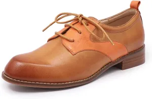 Mona flying Women's Handmade Two Tone Dress Oxfords Saddle Derby Comfy Lace up Leather Shoes for Ladies